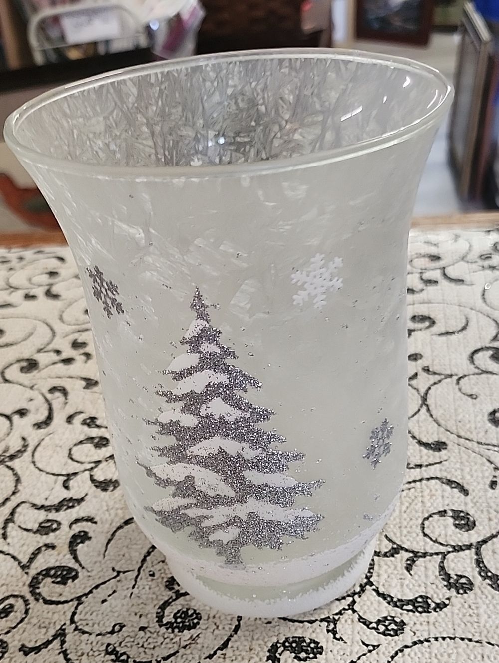Source Unknown Frosted White Glass Votive with Silver Glitter Tree